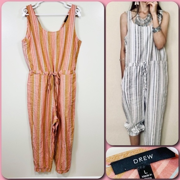 Anthropologie DREW Brown Striped Sleeveless Linen Blend Jogger Jumpsuit - LARGE - Picture 1 of 15